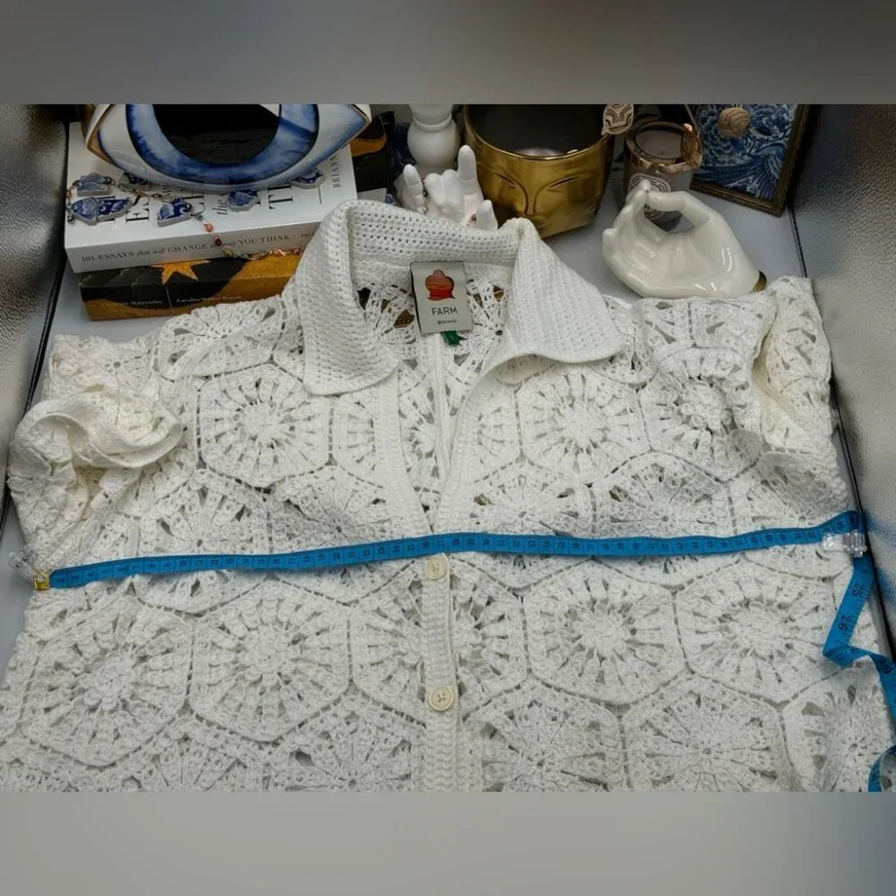 🆕 FARM Rio 🧿 NWOT White Semisheer Floral Button-Up Crochet Cover-Up Dress, L - Picture 13 of 15